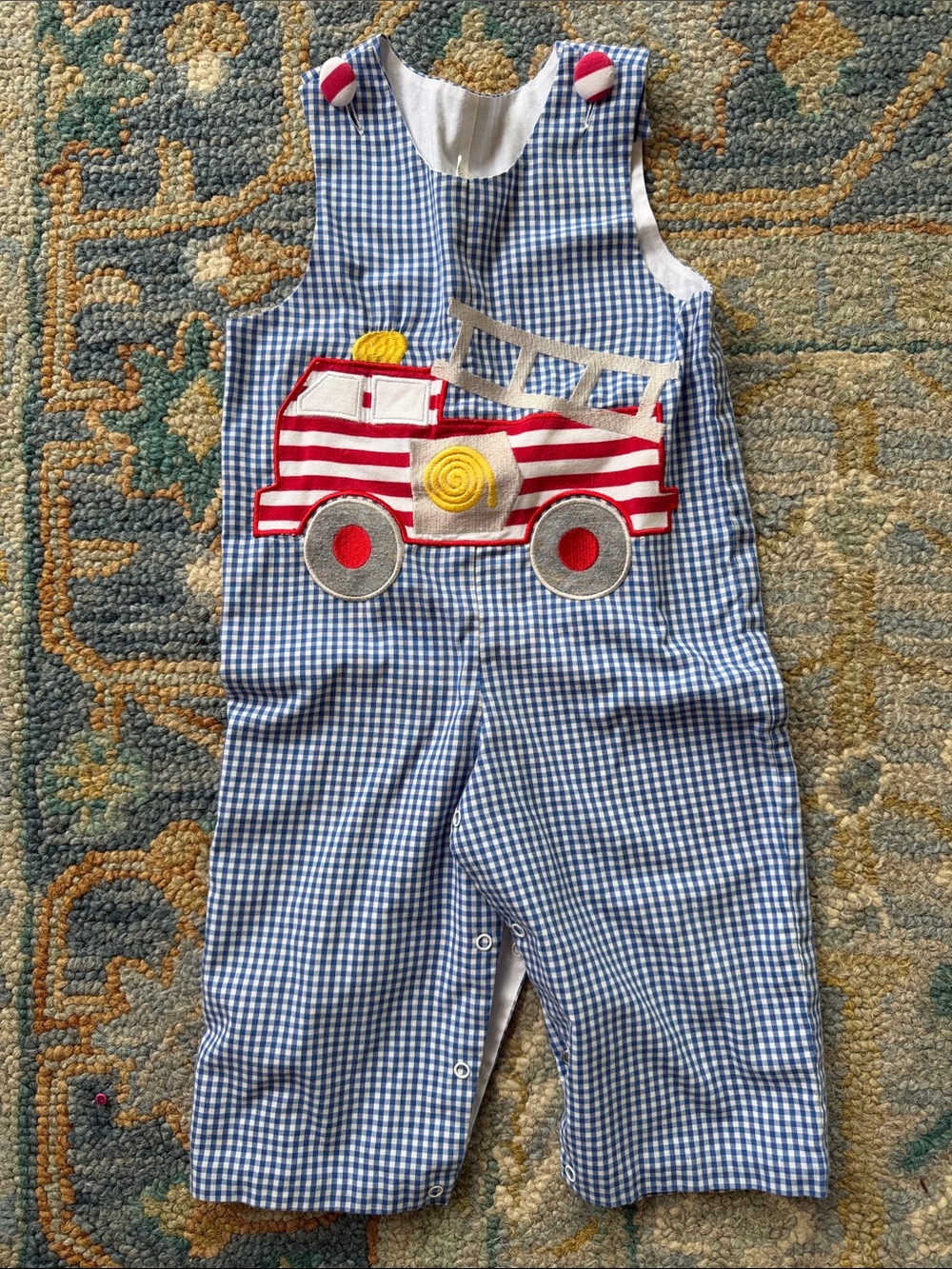 Blue Gingham Toddler Romper with Red Fire Truck Applique